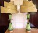 Pair Vintage 1950s Mcm Lime Chartreuse Gold Beehive Fiberglass Shades Lamps