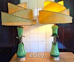Pair Vintage 1950s MCM Lime Chartreuse Gold Beehive Fiberglass Shades Lamps