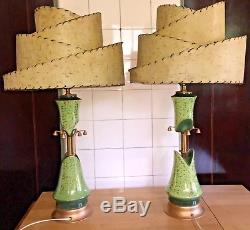 Pair Vintage 1950s MCM Lime Chartreuse Gold Beehive Fiberglass Shades Lamps