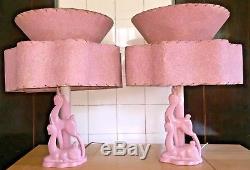 Pair Vintage 1950s MCM Pink Haeger Deer Doe 2-Layer Pink Fiberglass Shades Lamps