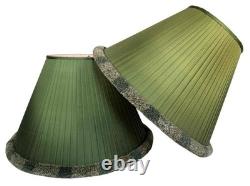 Pair Vintage 1980's Green Silk Pleated Empire Lampshades with Fringe 11.5 Tall