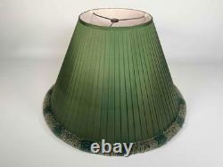 Pair Vintage 1980's Green Silk Pleated Empire Lampshades with Fringe 11.5 Tall