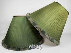 Pair Vintage 1980's Green Silk Pleated Empire Lampshades with Fringe 11.5 Tall