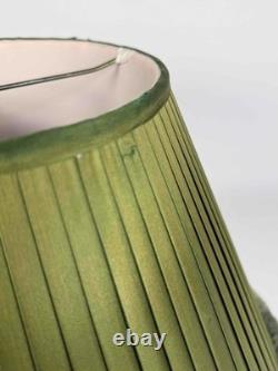 Pair Vintage 1980's Green Silk Pleated Empire Lampshades with Fringe 11.5 Tall