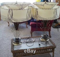 Pair Vintage 50's Mid Century Modern Atomic Table Lamps Fiberglass Shades EXCELT