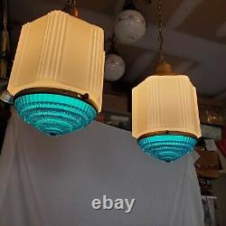 Pair Vintage Art Deco Skyscraper Lamp Shade Fixture Chandelier Hanging READ