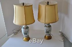 Pair Vintage Asian Chinese Vase Lamps with Silk Shades