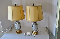 Pair Vintage Asian Chinese Vase Lamps with Silk Shades