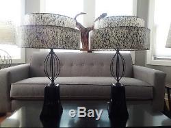 Pair Vintage Atomic Mid Century Modern 1950's Lamps w. Two Tier Fiberglass Shades
