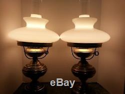 Pair Vintage Brass Hurricane Lamps Milk Glass Shades Cabin/vintage Decor