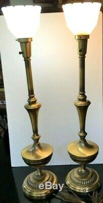 Pair Vintage Brass Rembrandt Torchiere Lamps Frosted Glass Shades 34 Tall