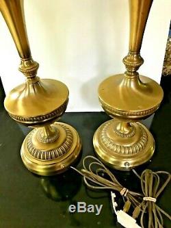 Pair Vintage Brass Rembrandt Torchiere Lamps Frosted Glass Shades 34 Tall