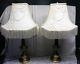 Pair Vintage Brass Table Lamps White Cloth Shades With Beads & Fringe 3 Way Switch