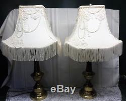 Pair Vintage Brass Table Lamps White Cloth Shades with Beads & Fringe 3 way Switch