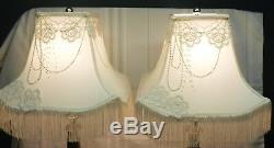 Pair Vintage Brass Table Lamps White Cloth Shades with Beads & Fringe 3 way Switch