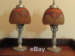 Pair Vintage Cast Metal Boudoir Lamps Reverse Painted Shades