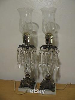 Pair Vintage Drop Prism Crystal Girondle Table Lamps with Glass Shades Marble Base