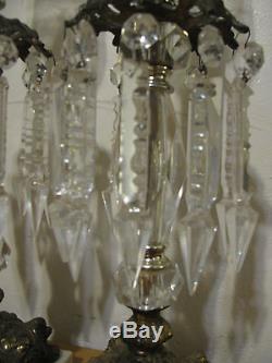 Pair Vintage Drop Prism Crystal Girondle Table Lamps with Glass Shades Marble Base