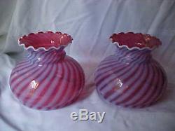 Pair Vintage Fenton Art Glass Cranberry Opalescent Swirl Optic Lamp Shades