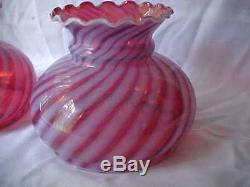 Pair Vintage Fenton Art Glass Cranberry Opalescent Swirl Optic Lamp Shades