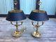 Pair Vintage French 2 Arm Bouillotte Lamps Set Metal Adjustable Height Shades