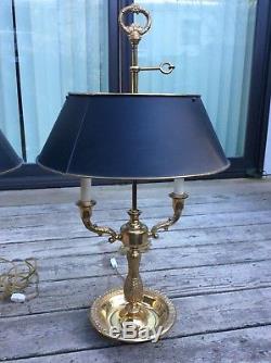 Pair Vintage French 2 Arm Bouillotte Lamps Set Metal Adjustable Height Shades