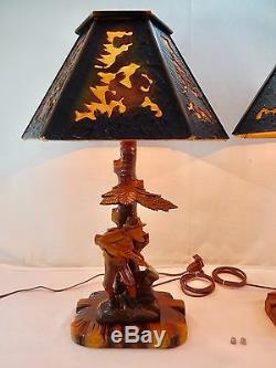 Pair Vintage Germany Black Forest Carved Wood Hunter & Stag Lamps & Shades