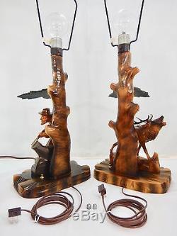 Pair Vintage Germany Black Forest Carved Wood Hunter & Stag Lamps & Shades