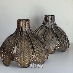 Pair Vintage Hollywood Regency Filigree Metal Onion Lamp Shades 11 Melon