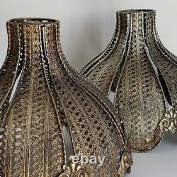 Pair Vintage Hollywood Regency Filigree Metal Onion Lamp Shades 11 Melon