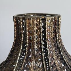 Pair Vintage Hollywood Regency Filigree Metal Onion Lamp Shades 11 Melon