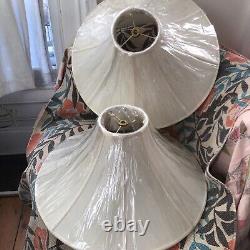 Pair Vintage Lamp Shades Off White Ivory Silk Fabric Trim Bell Lampshades NEW