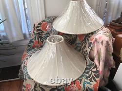 Pair Vintage Lamp Shades Off White Ivory Silk Fabric Trim Bell Lampshades NEW