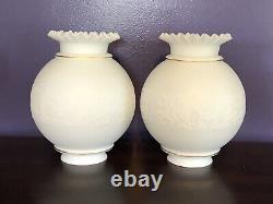 Pair Vintage Large Victorian Satin White Gold Accent Embossed Milk Glass Shade