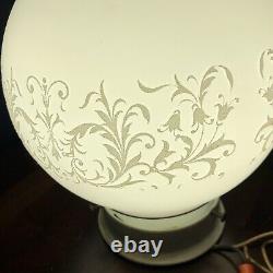 Pair Vintage Large Victorian Satin White Gold Accent Embossed Milk Glass Shade