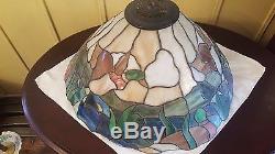Pair Vintage Meyda Tiffany Slag Glass Lamp Shades Ducks Reverse Leaded Large 20