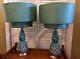 Pair Vintage Mid Century Hollywood Regency Turquoise Gold Table Lamps And Shades