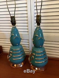 Pair Vintage Mid Century Hollywood Regency Turquoise Gold Table Lamps and Shades