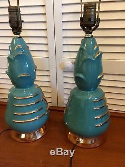 Pair Vintage Mid Century Hollywood Regency Turquoise Gold Table Lamps and Shades
