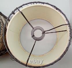 Pair Vintage Mid-Century Modern 2 Tier Lamp Shades Beige Inside, Black Wire Out