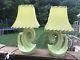 Pair Vintage Mid Century Modern Retro Ceramic Lime Green Table Lamps W Shades