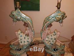Pair Vintage Mid Century Pinup Fairy Chalkware Lamps Large with Shades