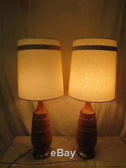 Pair Vintage Mid-century Retro Era Glazed Table Lamps Original Barrel Shade