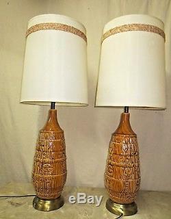 Pair Vintage Mid-century Retro Era Glazed Table Lamps Original Barrel Shade