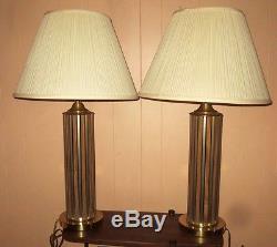 Pair Vintage Midcentury Retro Era Brass & Walnut Table Lamps And Nice Shades