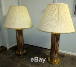Pair Vintage Midcentury Retro Era Brass & Walnut Table Lamps And Nice Shades
