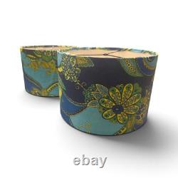 Pair Vintage Mod 1960s Paisley Floral Handmade Custom Lamp Shaded Blue Green