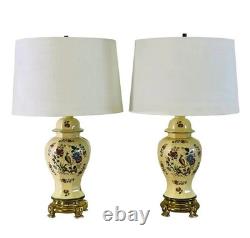 Pair Vintage Nathan Lagin EUC Ivory Peacocks Floral No Shades 7 L & W x 28H