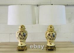 Pair Vintage Nathan Lagin EUC Ivory Peacocks Floral No Shades 7 L & W x 28H