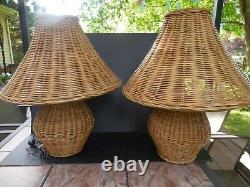 Pair Vintage Rattan, Wicker & Bamboo Table Lamps With Shades 24 Tall